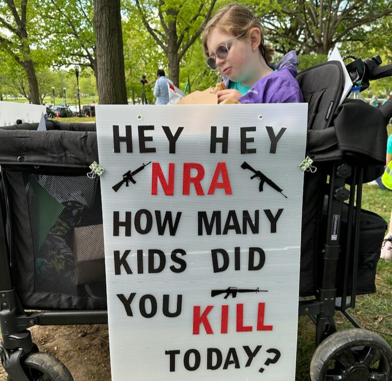 An image of a young girl at the March Fourth rally with a sign that reads "Hey hey NRA how many kids did you kill today?"